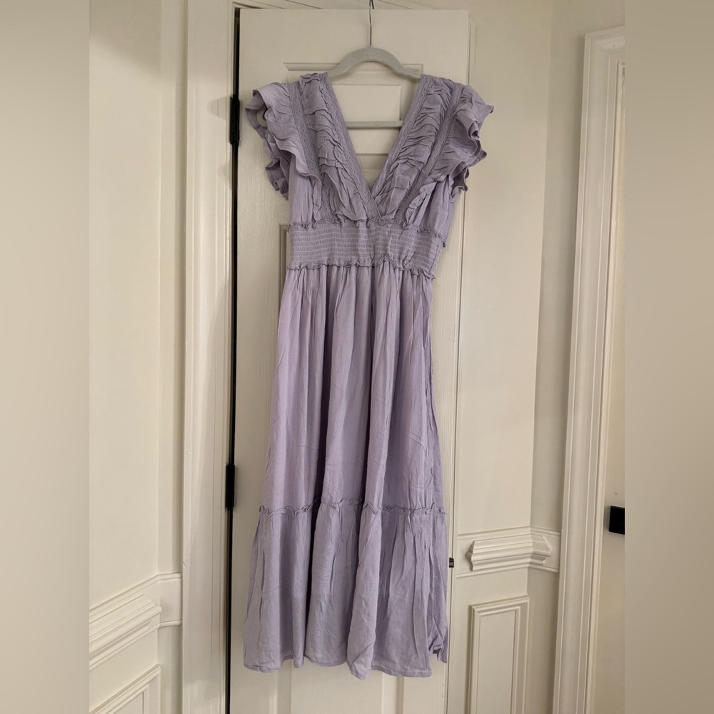 In Loom Smocked V-Neck Ruffle Maxi Dress in Lilac NWT